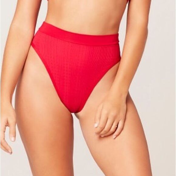New L*SPACE Frenchi Bottom Bitsy Cut High Waist Bikini Pointelle Rib Red Large - Picture 7 of 10